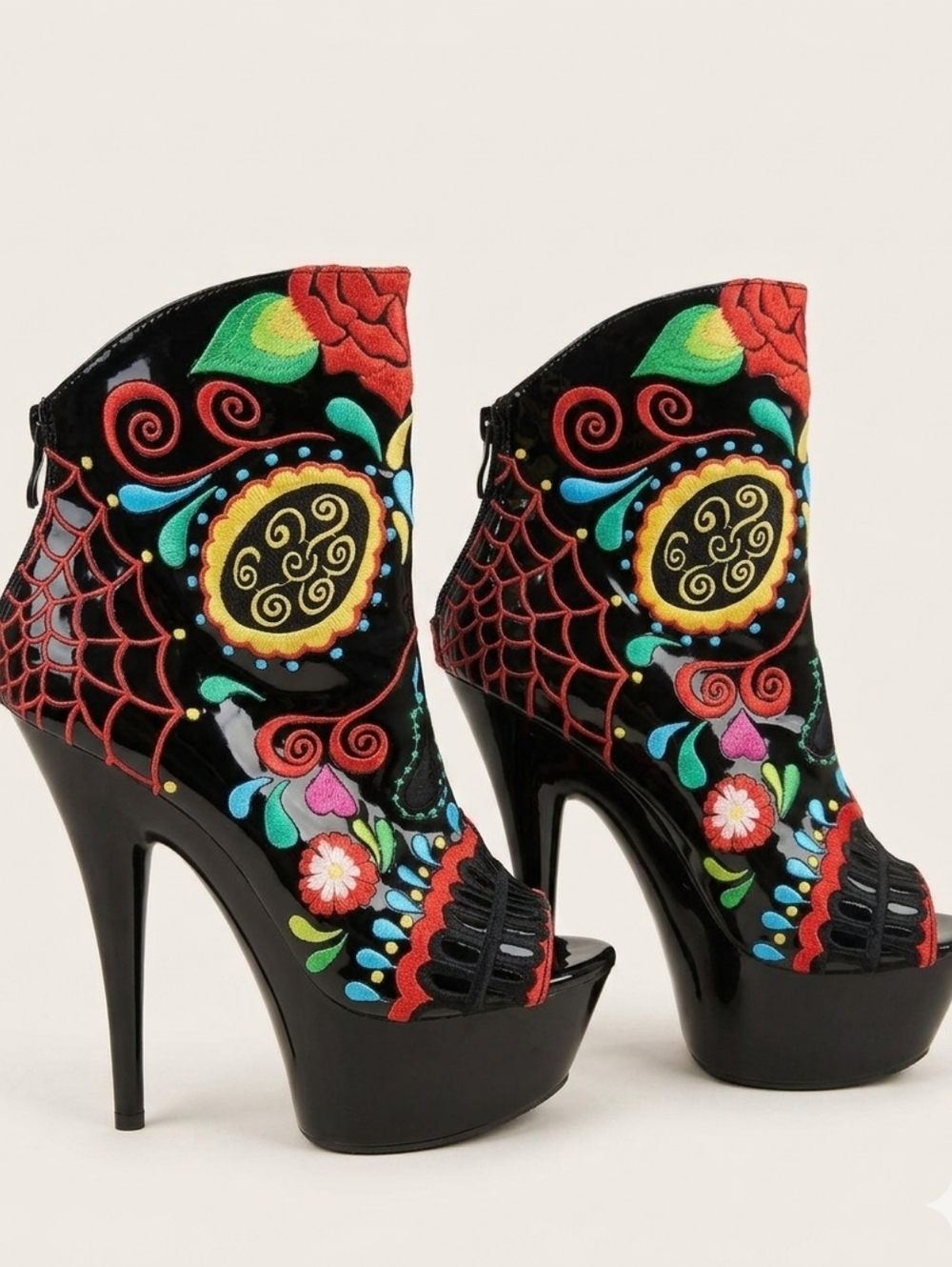 Rare Ellie "Day of the Dead" Embroidered Platform Stiletto Booties Size 6